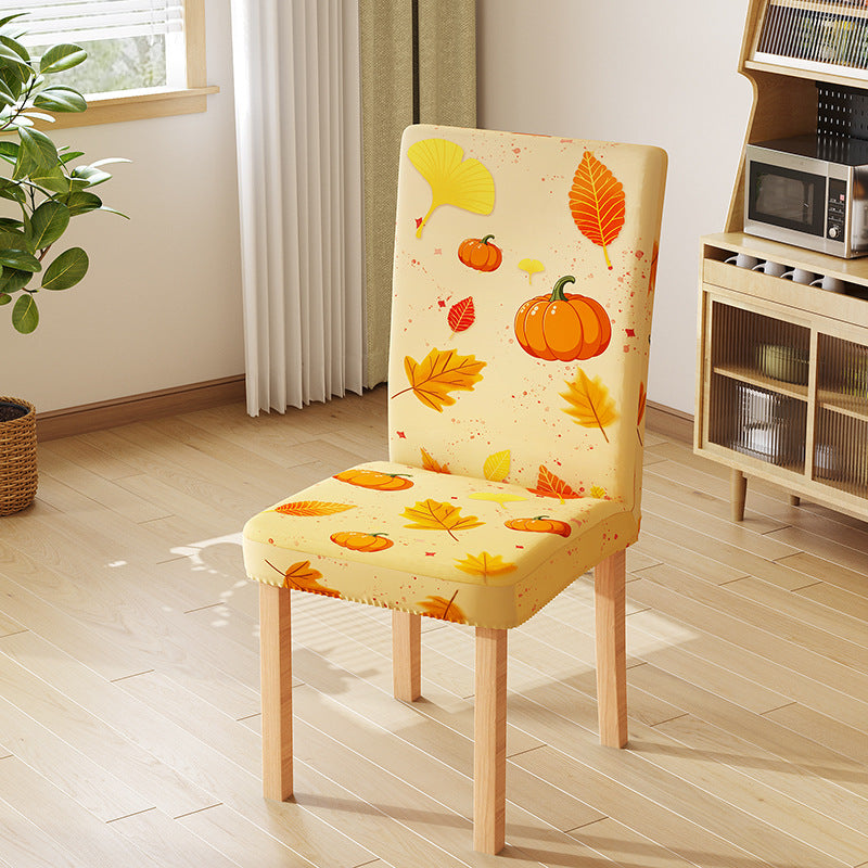 Stretch chair cover with autumn pumpkin and leaf design