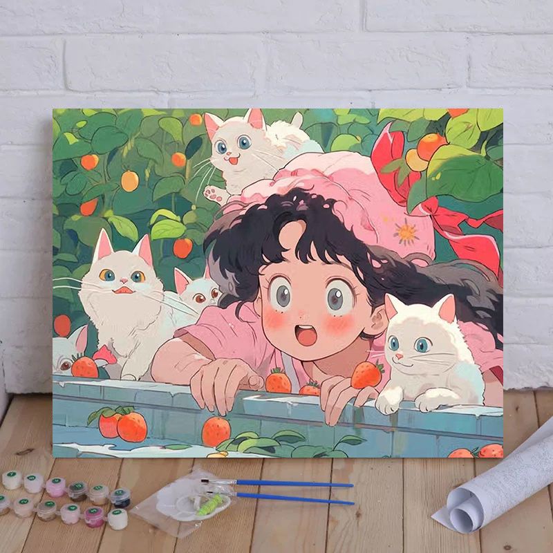 Cartoon Cat and Girl Themed Canvas Paint by Numbers Art Kit Kalsten