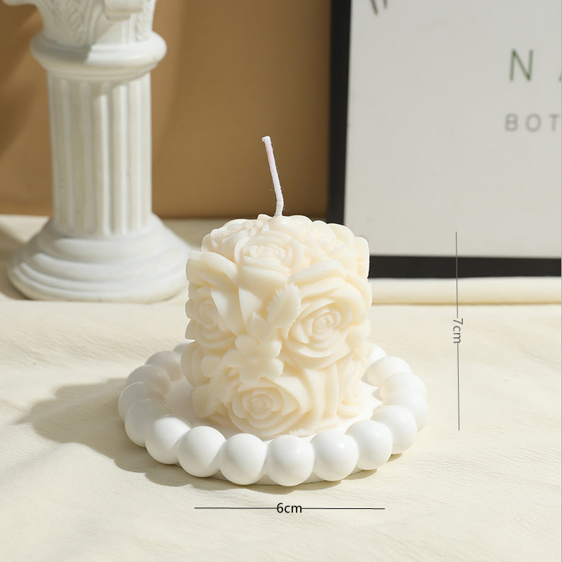 Decorative Rose-Shaped Soy Wax Candle with Beaded Tray