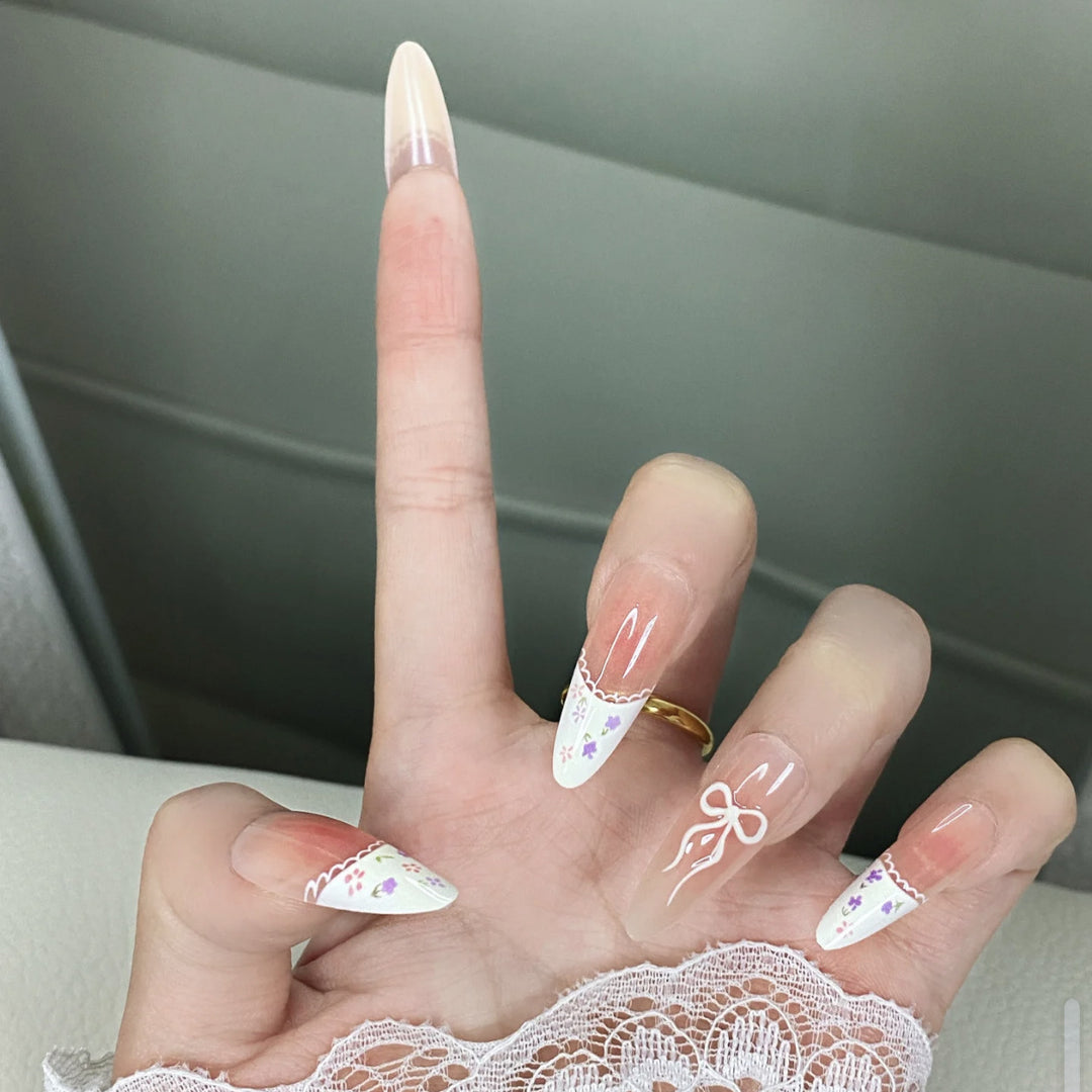 Elegant Press-On Nail Set with Floral and Bow Design Kalsten