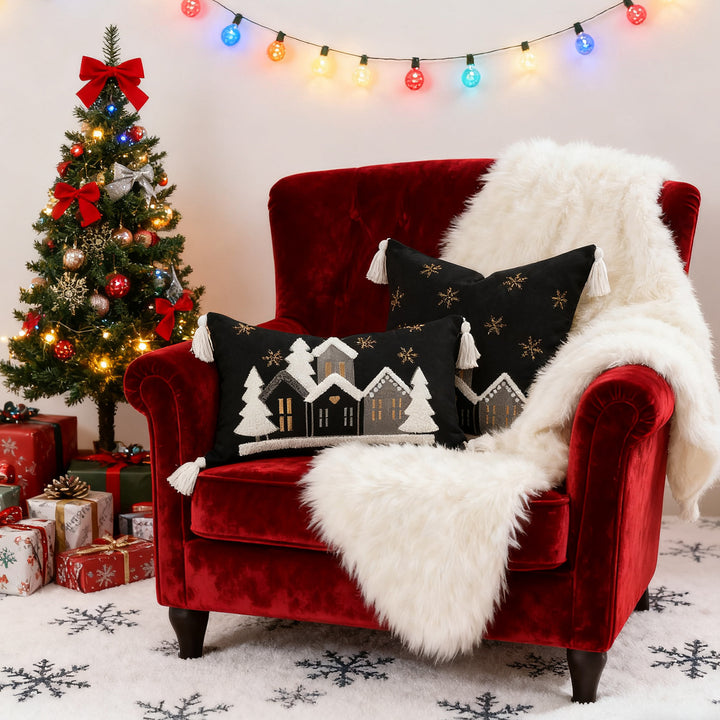 Festive Embroidered Snowy Village Tassel Throw Pillow Set