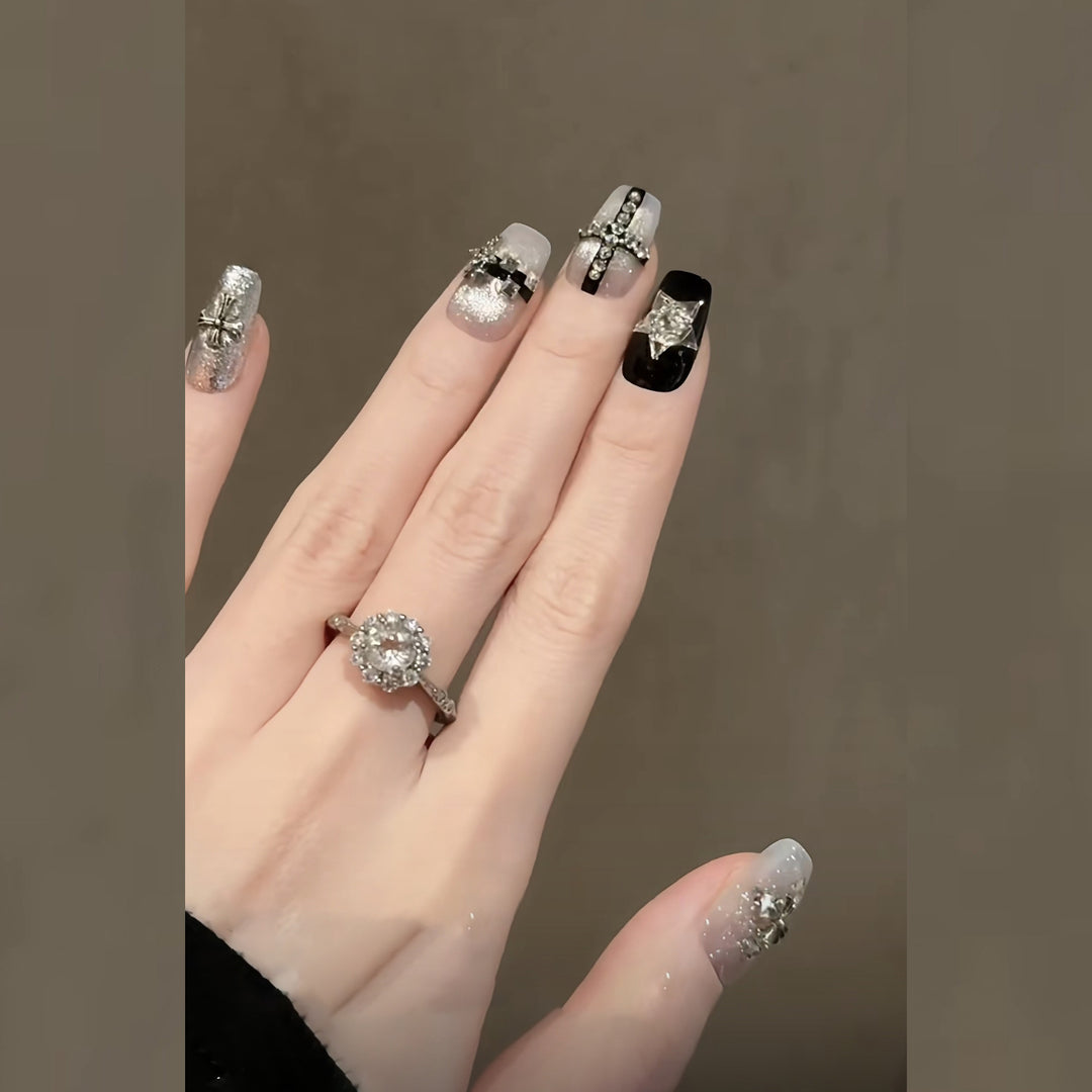 Artistic Press-On Nail Art Set with Gemstone Accents Kalsten
