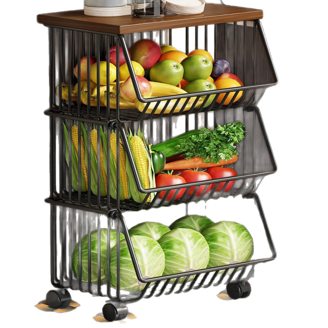 Vertical Five-Tier Rolling Kitchen Produce Storage Cart with Wooden Top and Pull-Out Wire Baskets