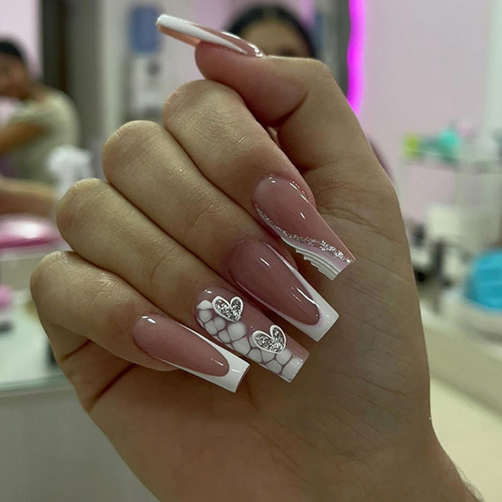 Artful Nail Extensions with Heart Design and Glitter Accents Kalsten