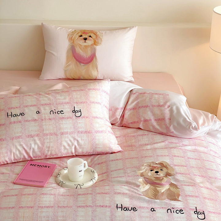 Cotton satin bedding set with check pattern and drawn dog motif