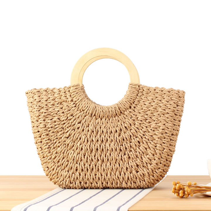 Braided raffia bag with round wooden handles Kalsten