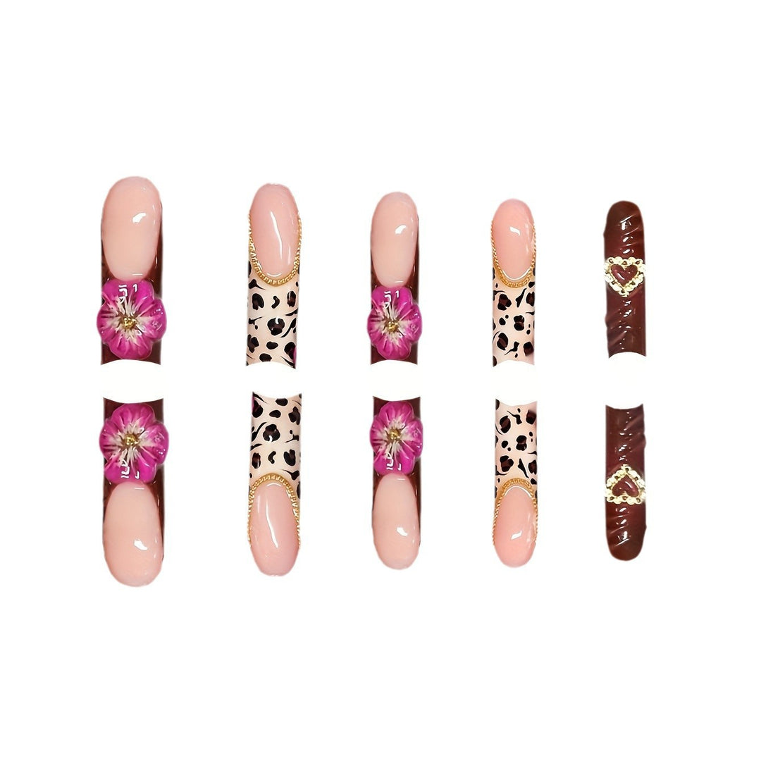 Decorative Long Acrylic Press-On Nail Art with Floral and Leopard Designs Kalsten