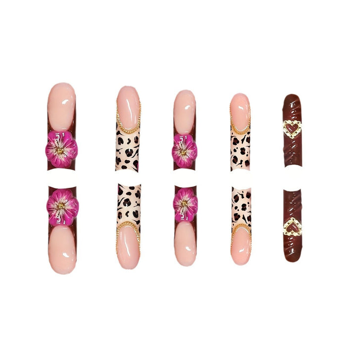 Decorative Long Acrylic Press-On Nail Art with Floral and Leopard Designs Kalsten