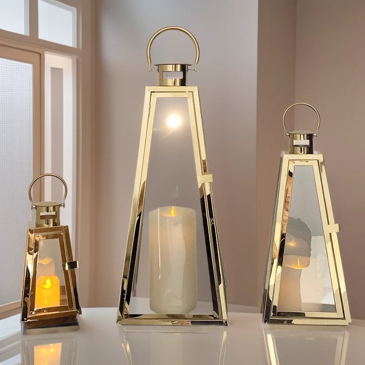 Modern Triangular Glass Candle Lantern Set with Gold Metal Frame Kalsten