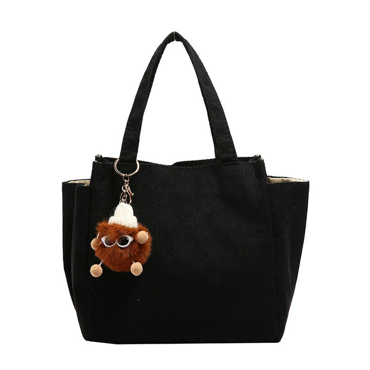 Textured Corduroy Tote Bag with Cute Plush Charm