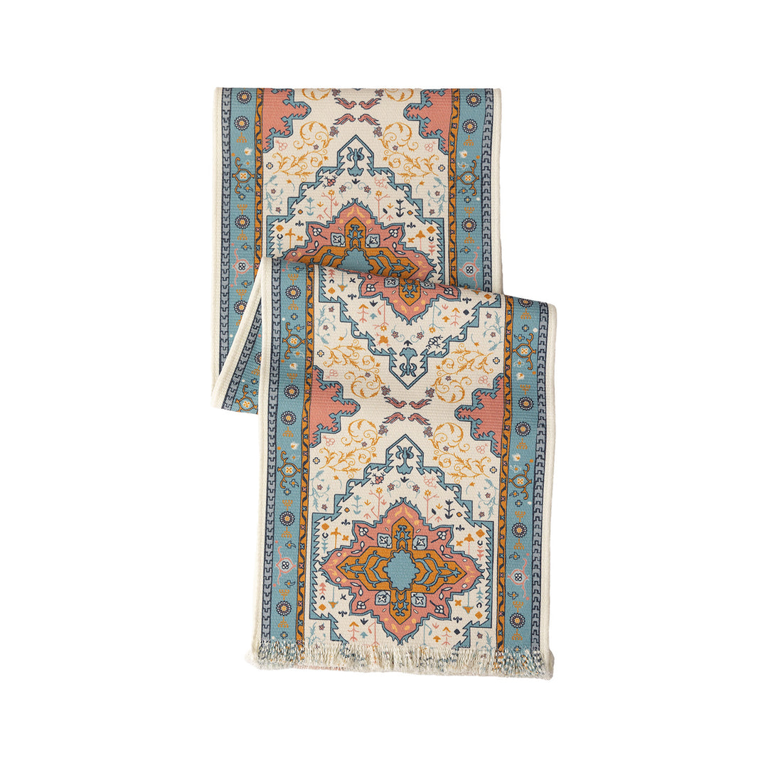 Woven table runner made of cotton blend with oriental medallion pattern and fringes Kalsten