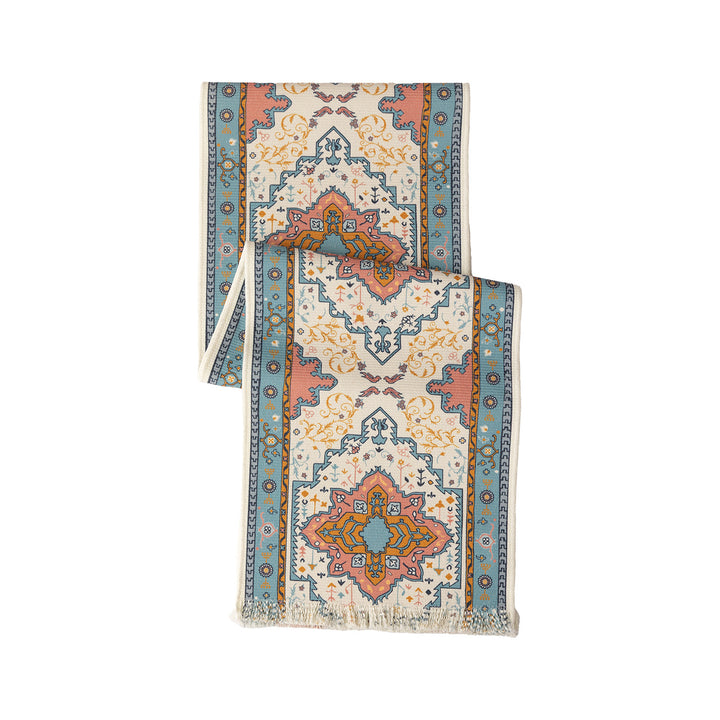 Woven table runner made of cotton blend with oriental medallion pattern and fringes Kalsten