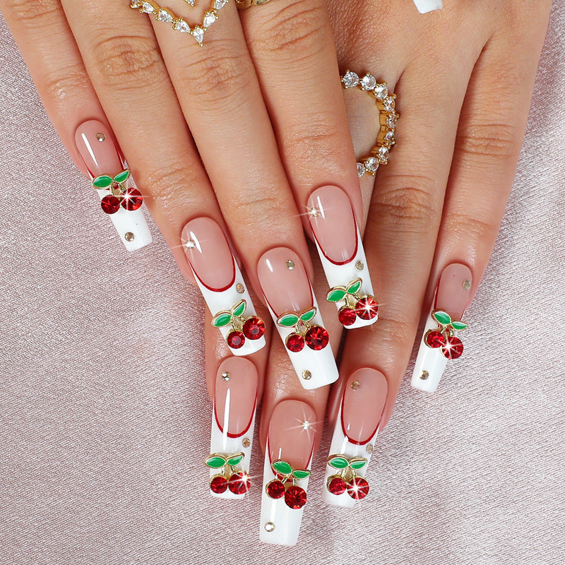 Artificial nail set with cherry motif and sparkling rhinestones Kalsten