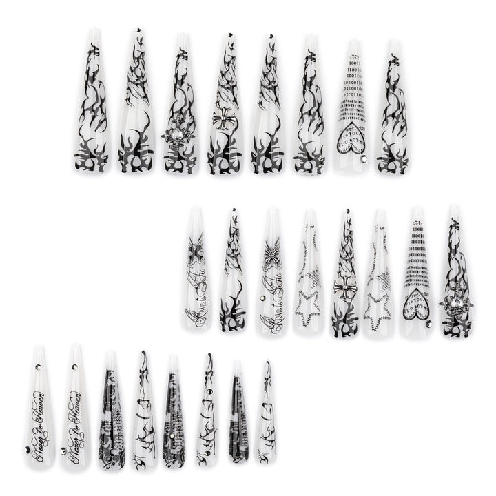Artful stiletto nails with gothic pattern and embellishments Kalsten