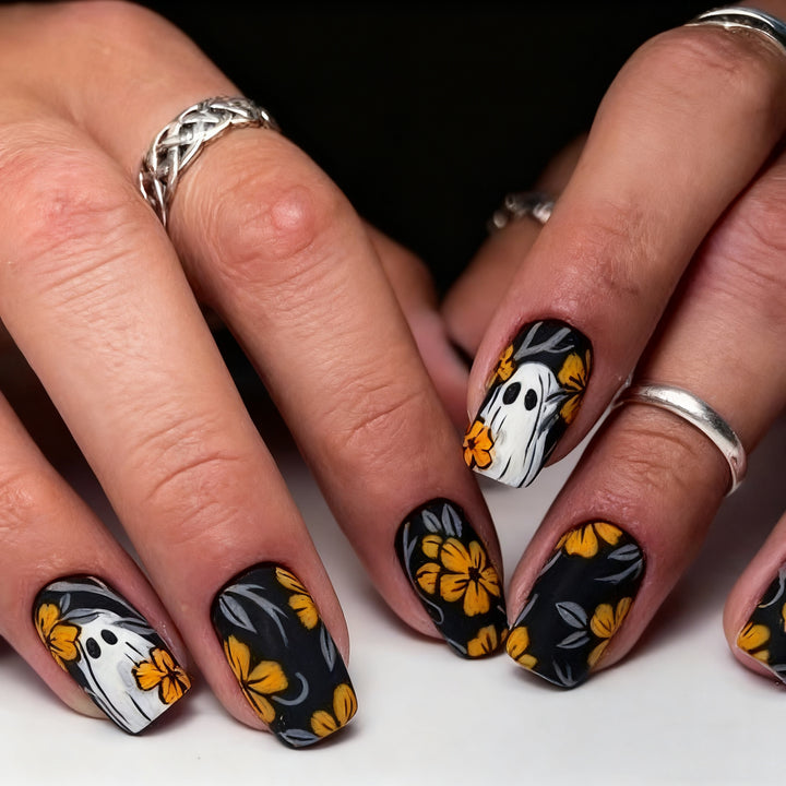 Artistic Floral Ghost-Themed Nail Art Enhancements Kalsten