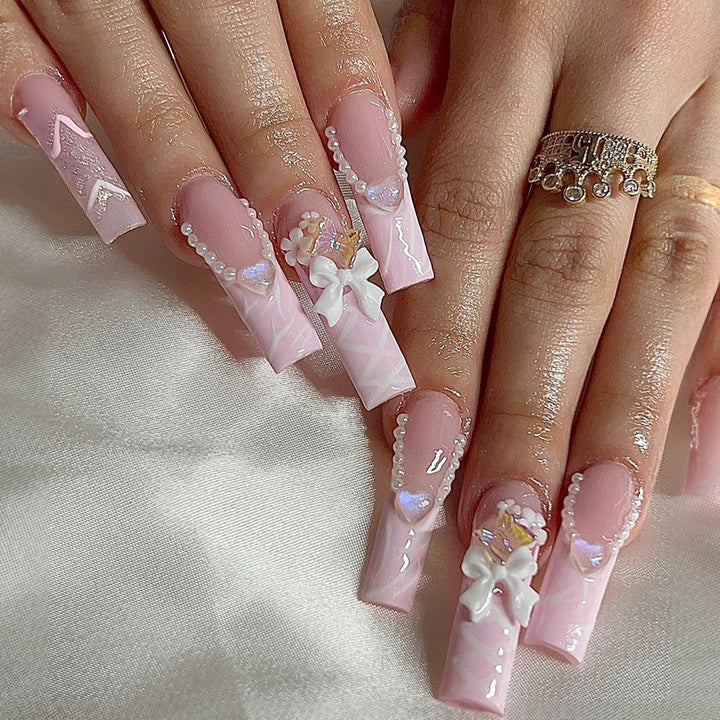 Elegant Decorative Press-On Nail Set with Floral and Pearl Accents kalsten