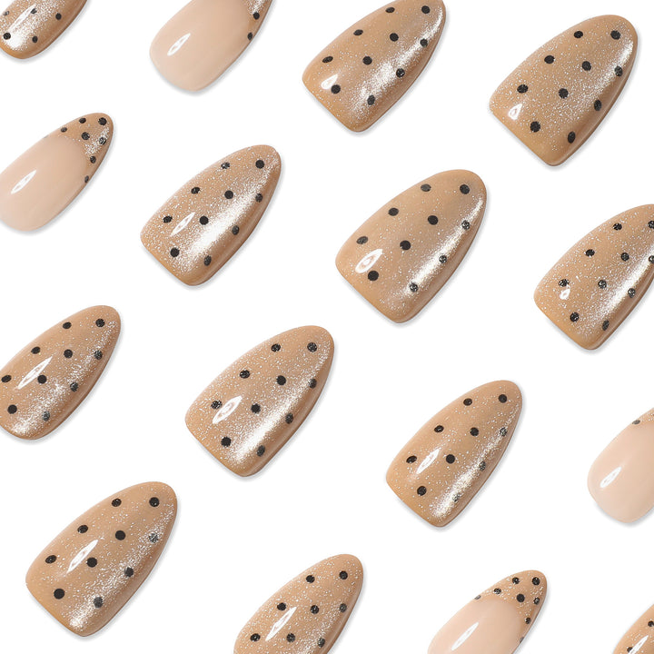 Elegant stiletto nails with glitter and dot design Kalsten