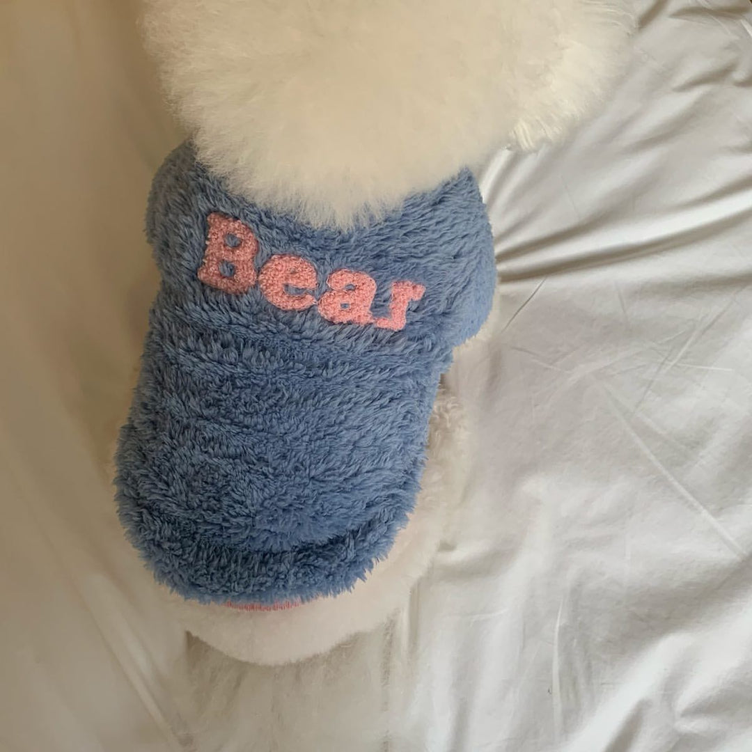 Teddy Plush Pullover Dog Sweater with High-Fit Ribbed Neck and Embroidered Lettering