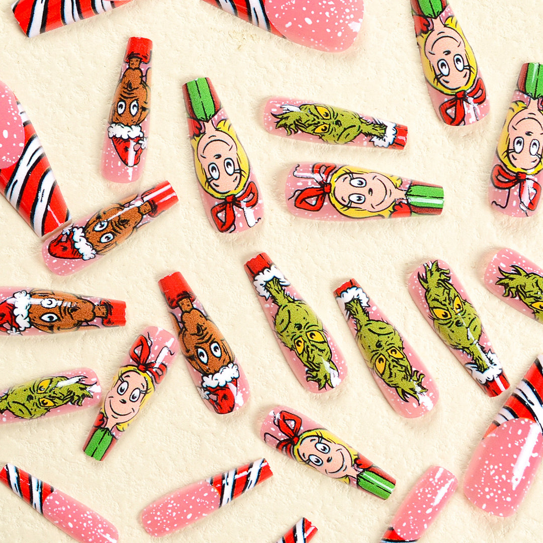 Artificial nail set with festive motifs and charming Grinch design Kalsten