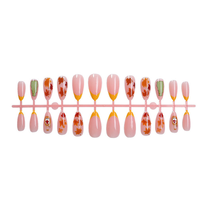 Artificial nail set with autumn leaf decorations and elegant color gradients Kalsten