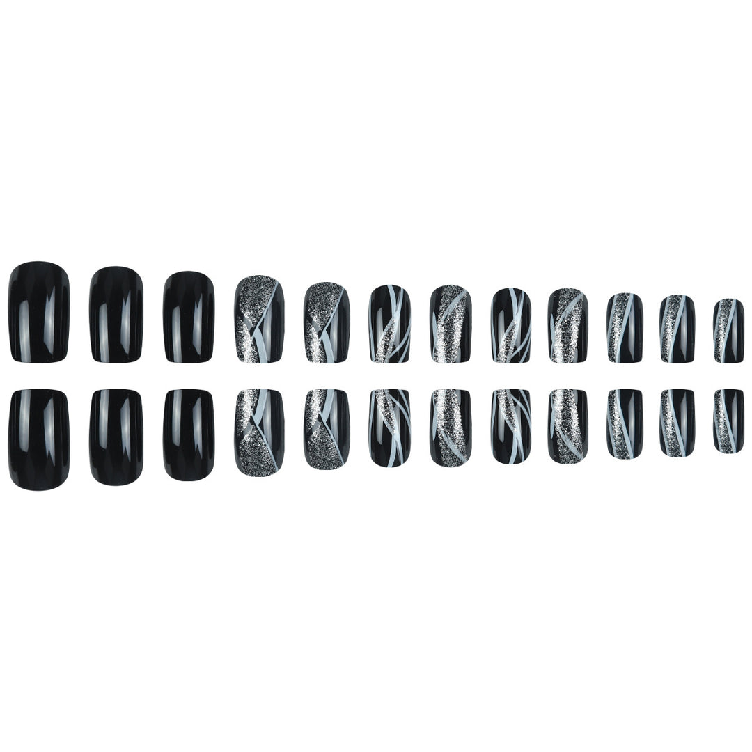 Stylish Press-On Nail Art with Glitter and Geometric Design Kalsten