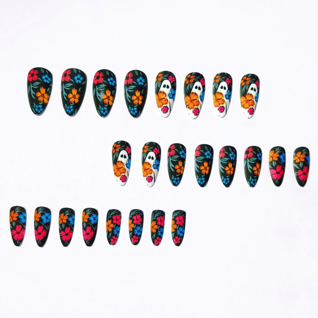 Creative Art Nails with Skull and Colorful Flower Design Kalsten
