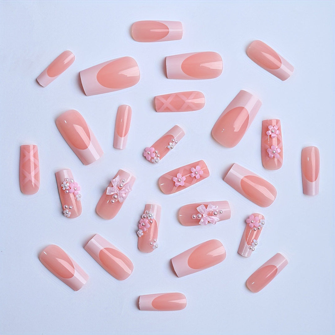 Acrylic nail set with elegant 3D flowers and ribbon decorations Kalsten