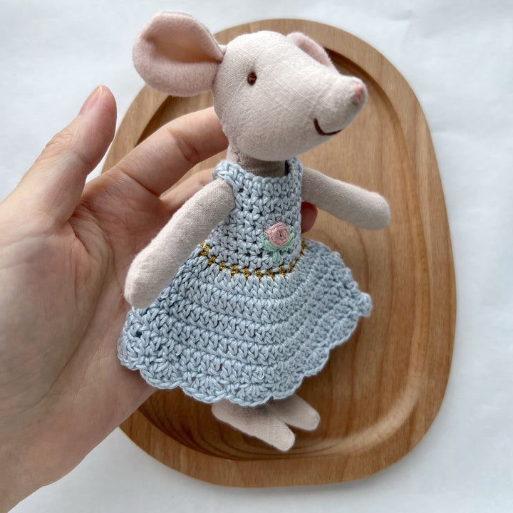 Handcrafted Linen Cotton Mouse Doll with Crochet Dress and Embroidered Flower