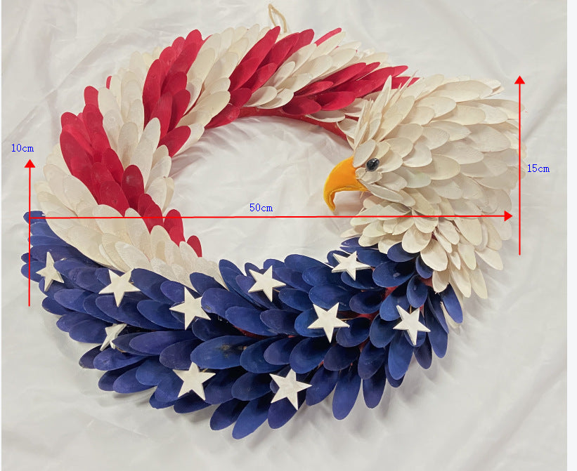 Unisex handmade decorative door wreath with eagle head and star appliqués made of wood Kalsten