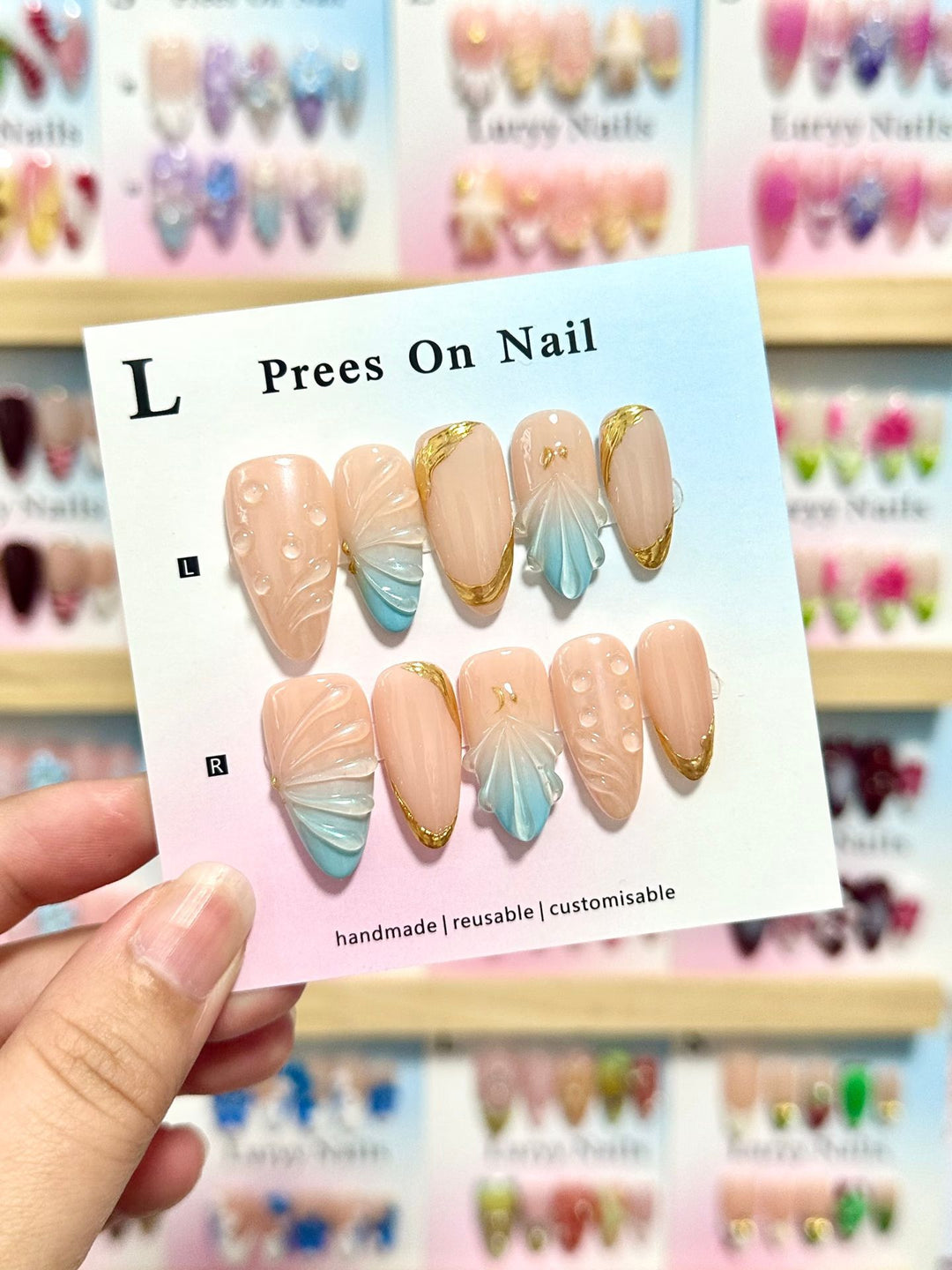 Artistic Press-On Nail Set with Floral and Green Accents