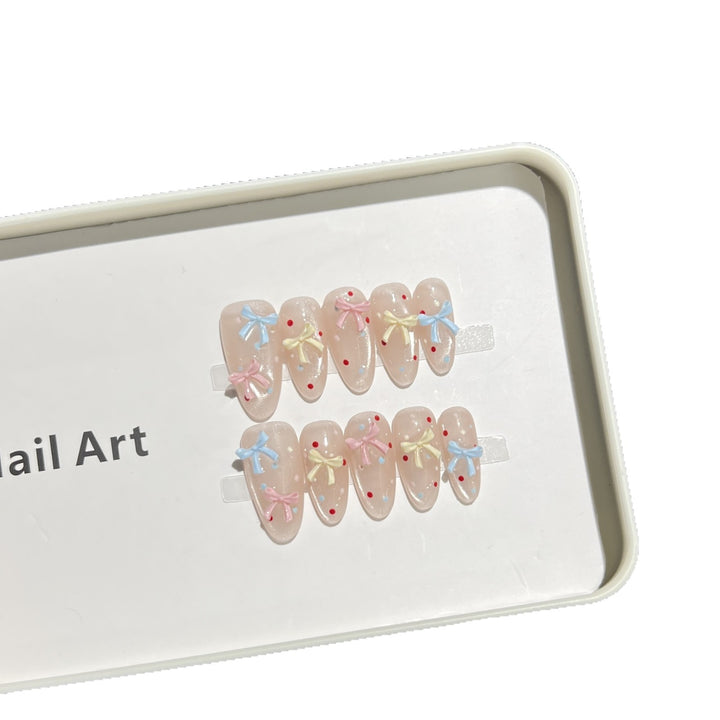 Decorative Press-On Nail Set with Charming Bow and Dots Kalsten