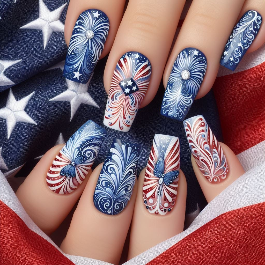 Creative acrylic nails with patriotic patterns Kalsten