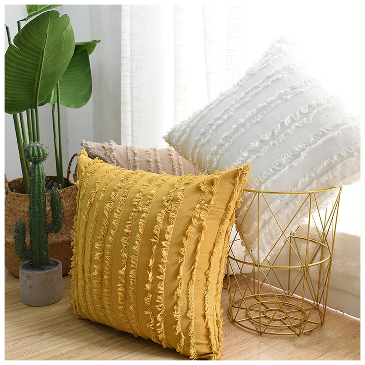 Decorative Fringed Textured Throw Pillow Cover Pair
