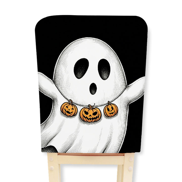 Elastic chair back cover with Halloween skeleton pattern and highly elastic jersey fabric