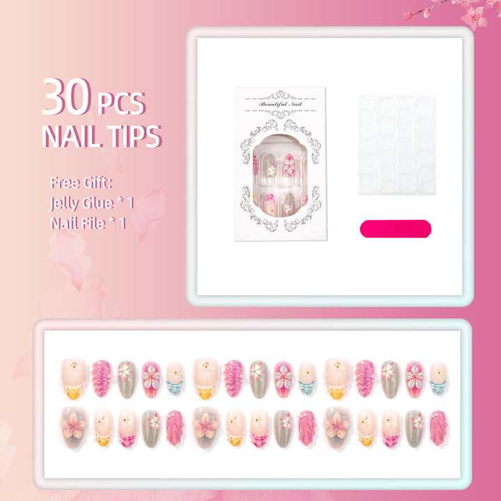 Artistic Press-On Nail Set with Floral and Shell Designs