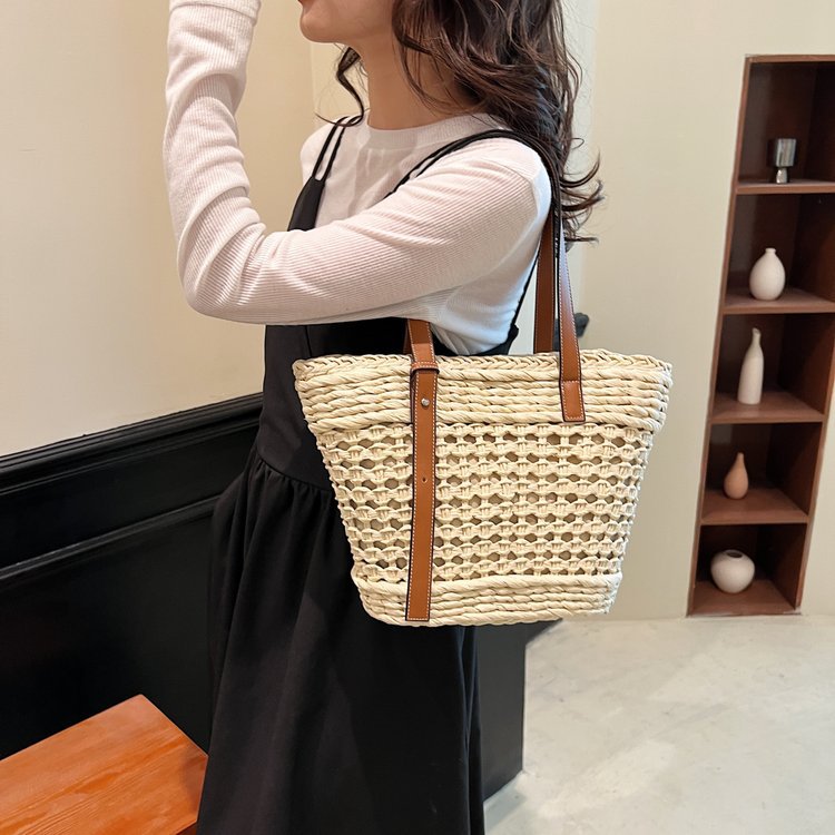 Braided raffia shoulder bag with leather handles Kalsten