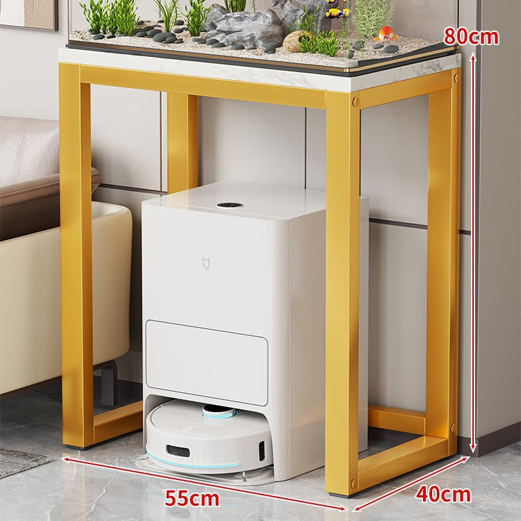 Gold Metal Aquarium Console Table with Faux Marble Top and Robot Vacuum Storage
