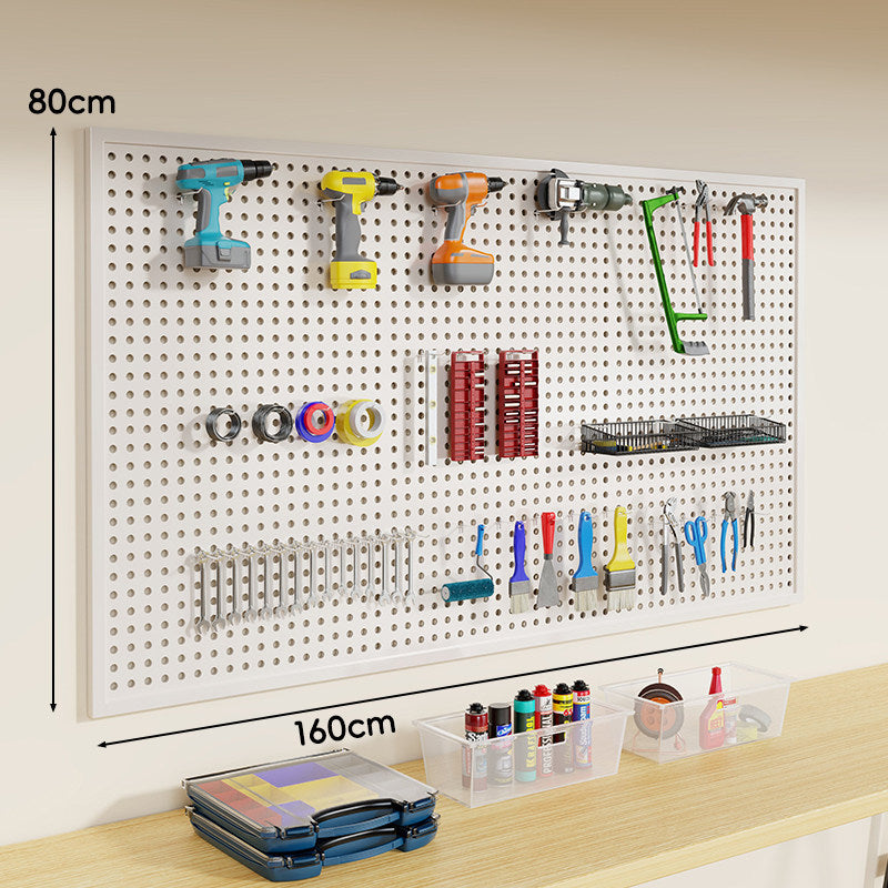 Wall-Mounted Perforated Metal Tool Pegboard Organizer Panel with Modular Hooks and Wire Baskets