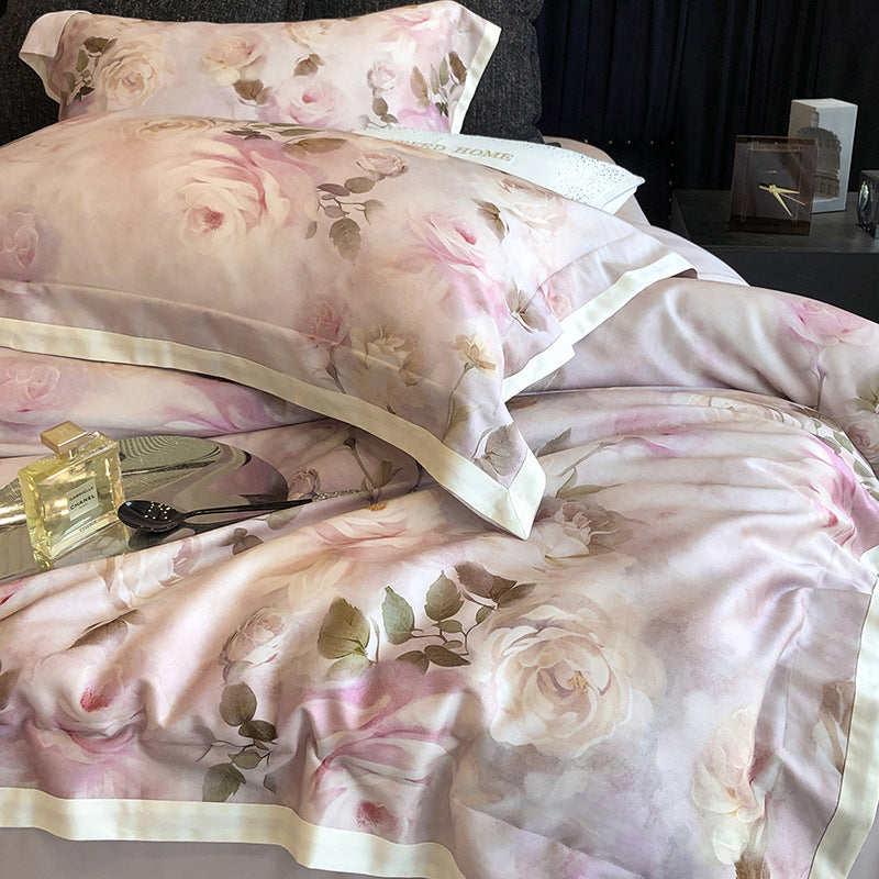 Luxurious cotton satin bedding set with watercolor rose pattern and satin trim