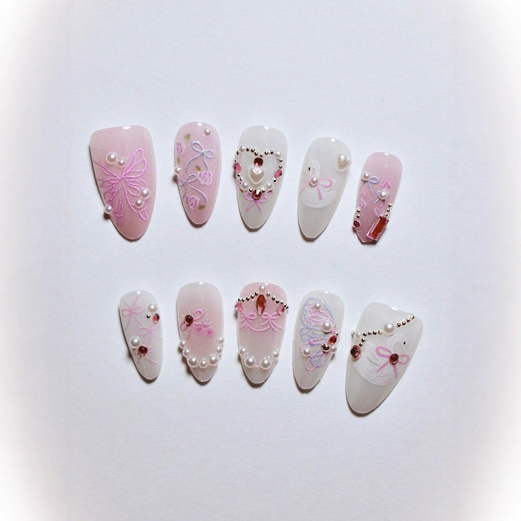Decorative 3D Bow and Pearl Press-On Nail Art Kalsten