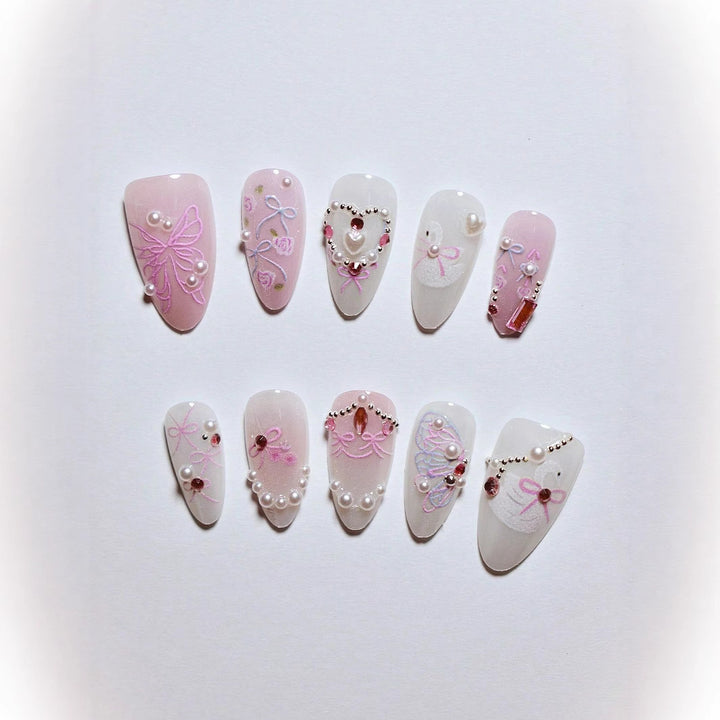 Decorative 3D Bow and Pearl Press-On Nail Art Kalsten