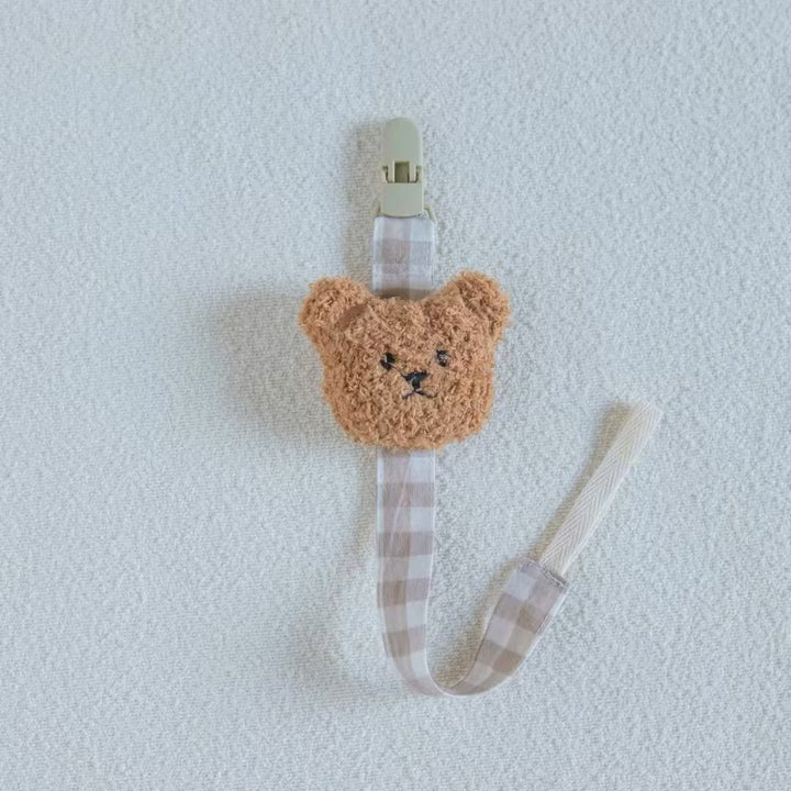 Cotton Gingham Pacifier Clip with Plush Bear Applique and Quick-Release Safety Clip