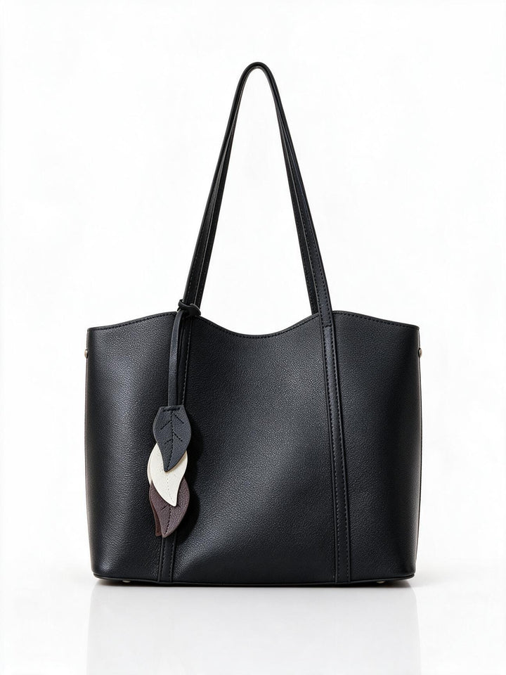 Pebbled Vegan Leather Structured Tote with Leaf Charm & Long Shoulder Straps