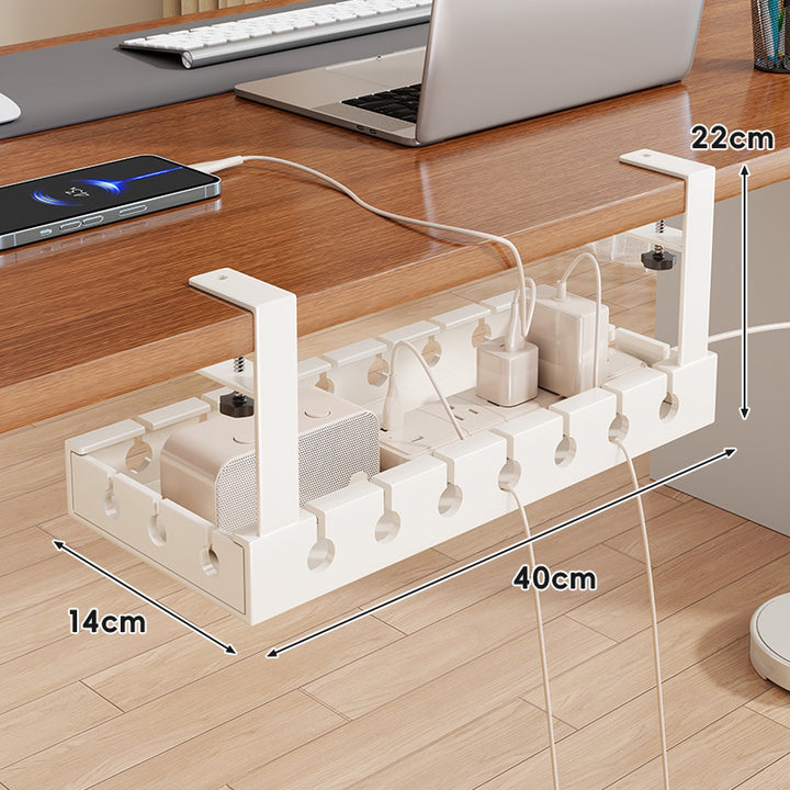 Under-Desk Adjustable Power Strip and Cable Management Tray with Clamp Mount