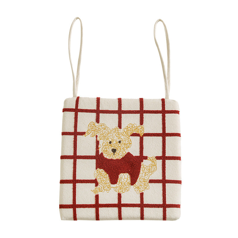 Fabric hanging pillow with apple and dog appliqué and hanging loops Kalsten