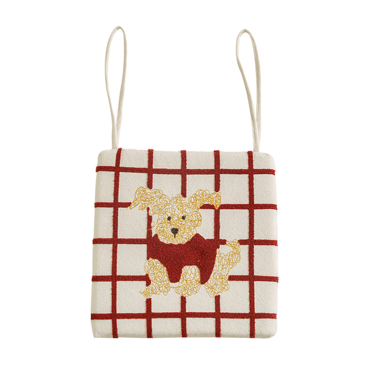 Fabric hanging pillow with apple and dog appliqué and hanging loops Kalsten
