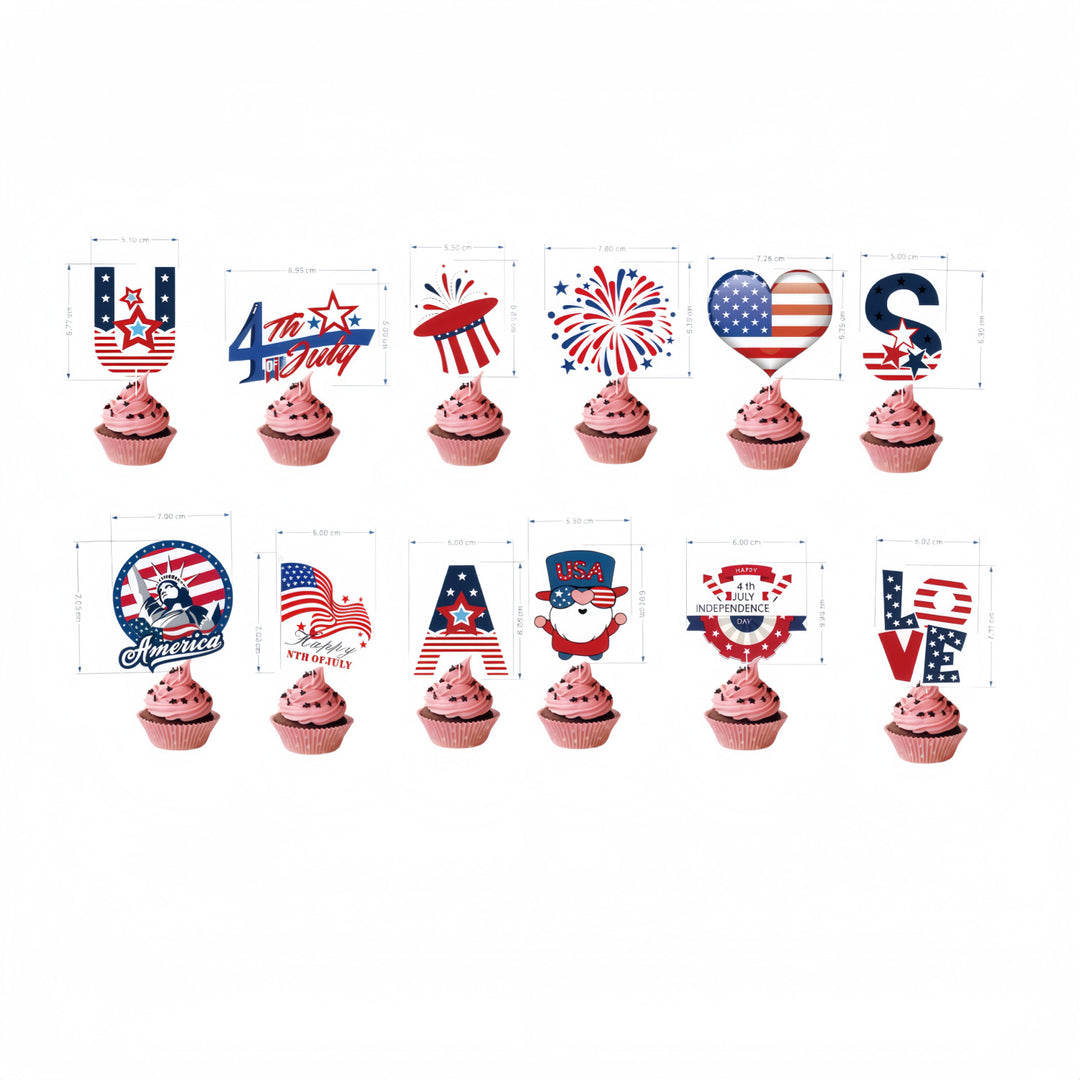 Unisex nan multiple cupcake topper set with patriotic USA motifs made of double-sided printed cardboard and wooden skewers Kalsten