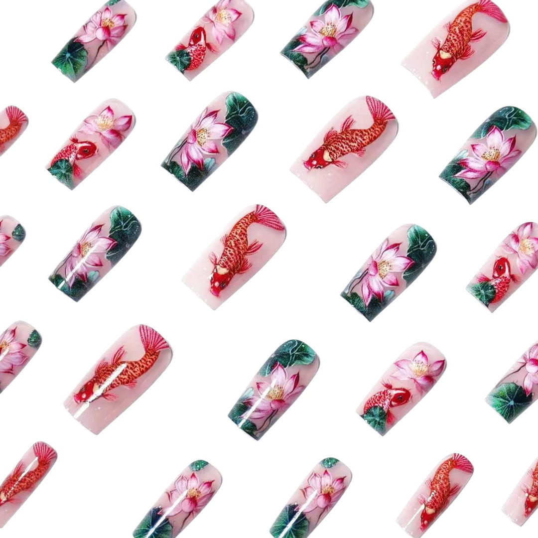 Artificial nails with floral lotus elements and koi pattern Kalsten