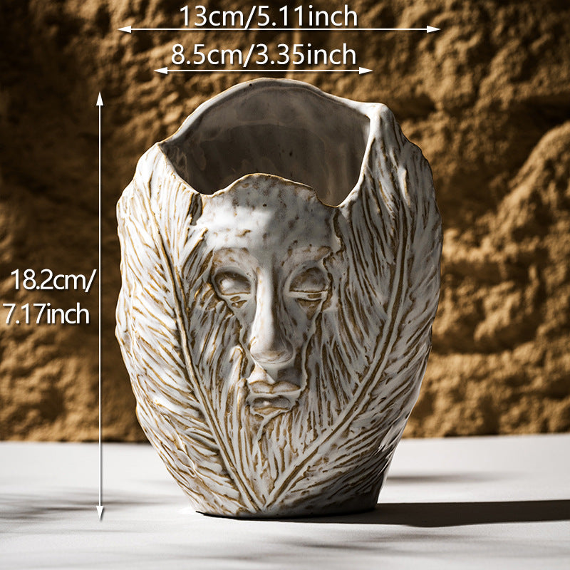 Sculptural Ceramic Face & Leaf Texture Tabletop Vase
