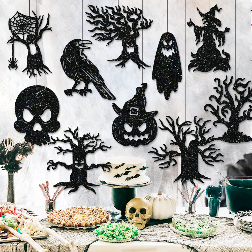 Multi-Part Hanging Halloween Decoration Set with Glitter Silhouettes